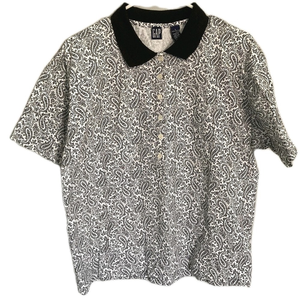 Vtg Gap Polo Shirt Womens L White Black Paisley 100% Cotton Short Sleeve NWT